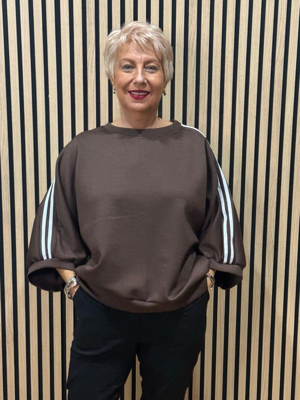 Contrast Stripe Sleeve Jersey Top - Chocolate