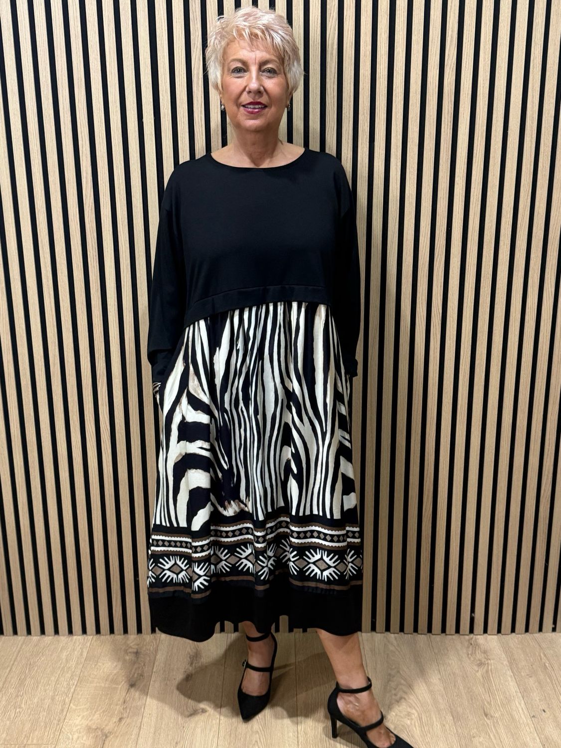 Abstract Print Layered Midi Dress - Black &amp; Cream