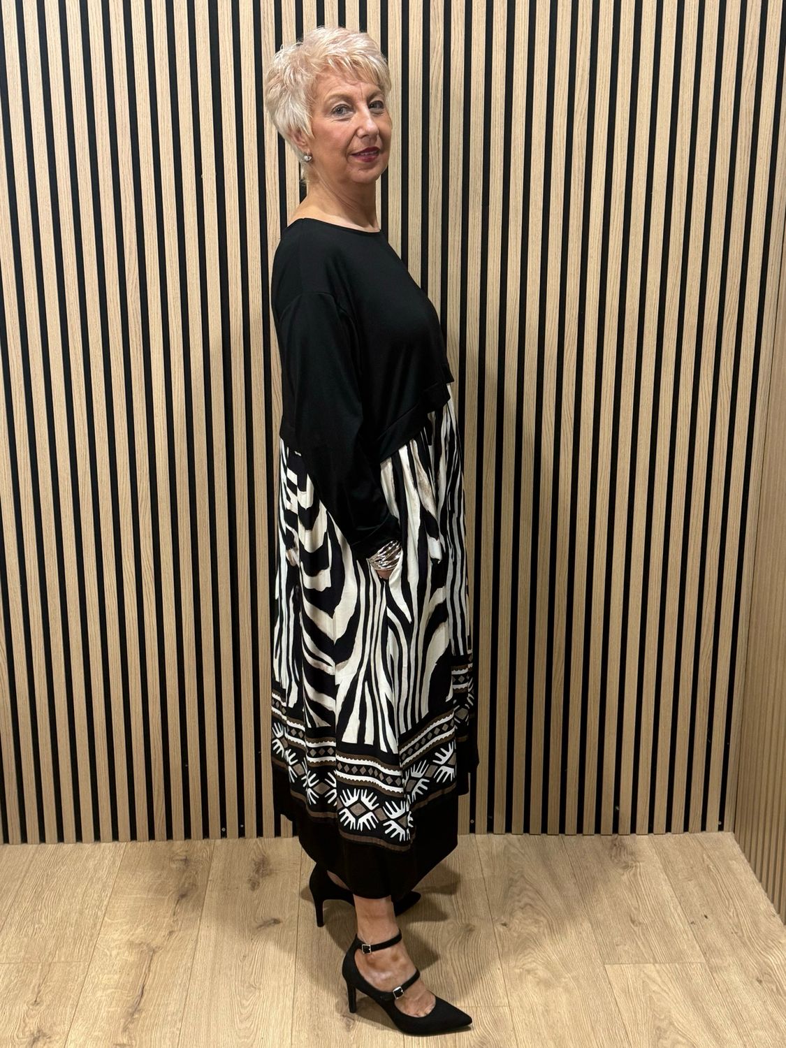 Abstract Print Layered Midi Dress - Black &amp; Cream