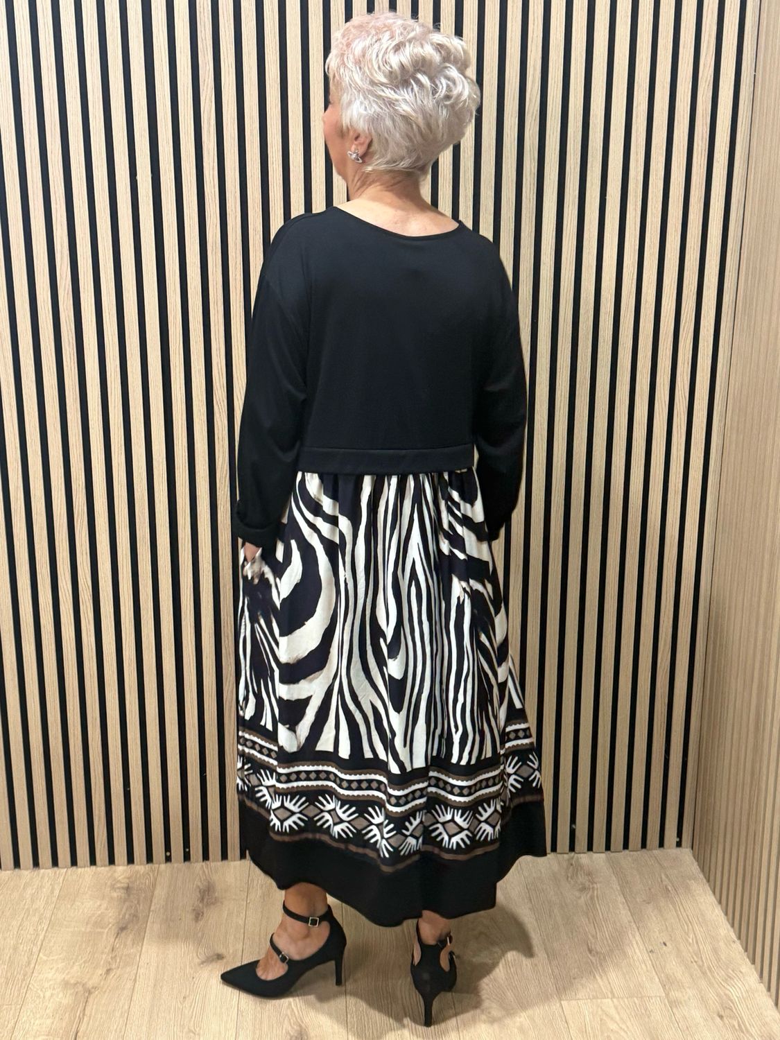 Abstract Print Layered Midi Dress - Black &amp; Cream