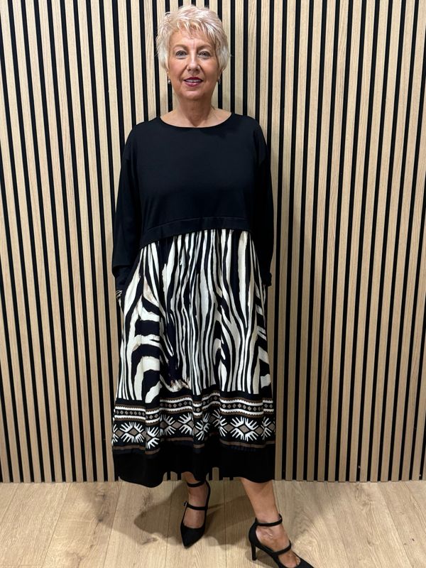Abstract Print Layered Midi Dress - Black &amp; Cream