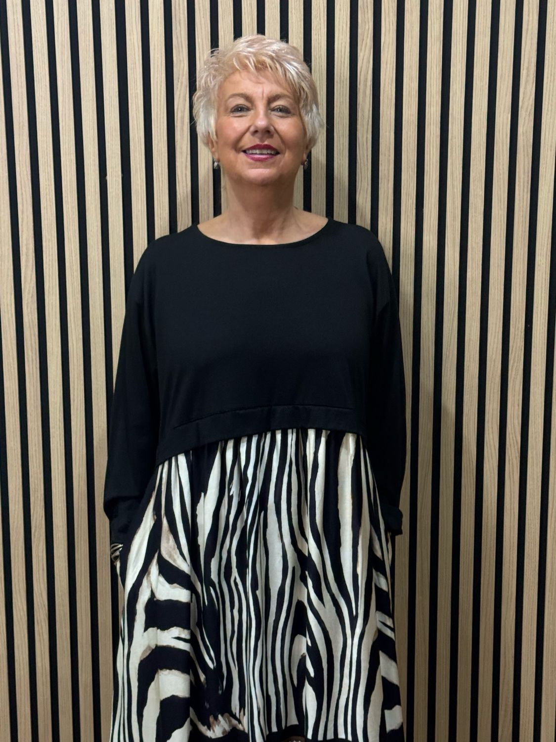 Abstract Print Layered Midi Dress - Black &amp; Cream