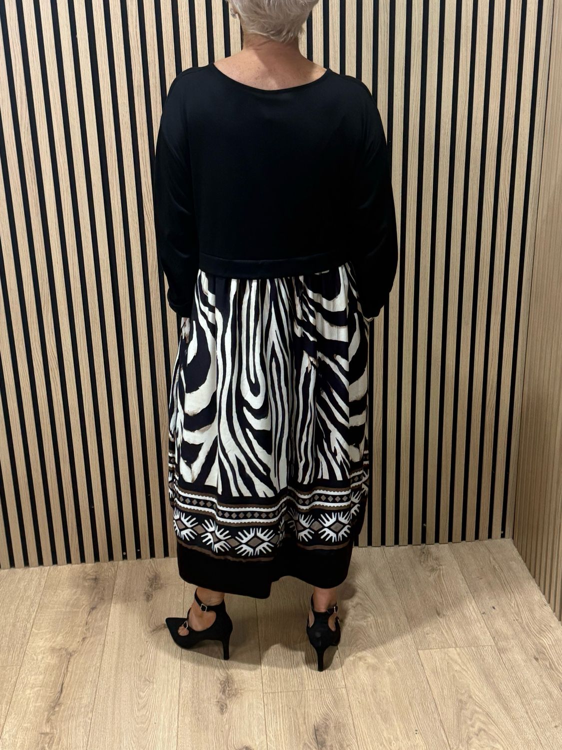 Abstract Print Layered Midi Dress - Black &amp; Cream