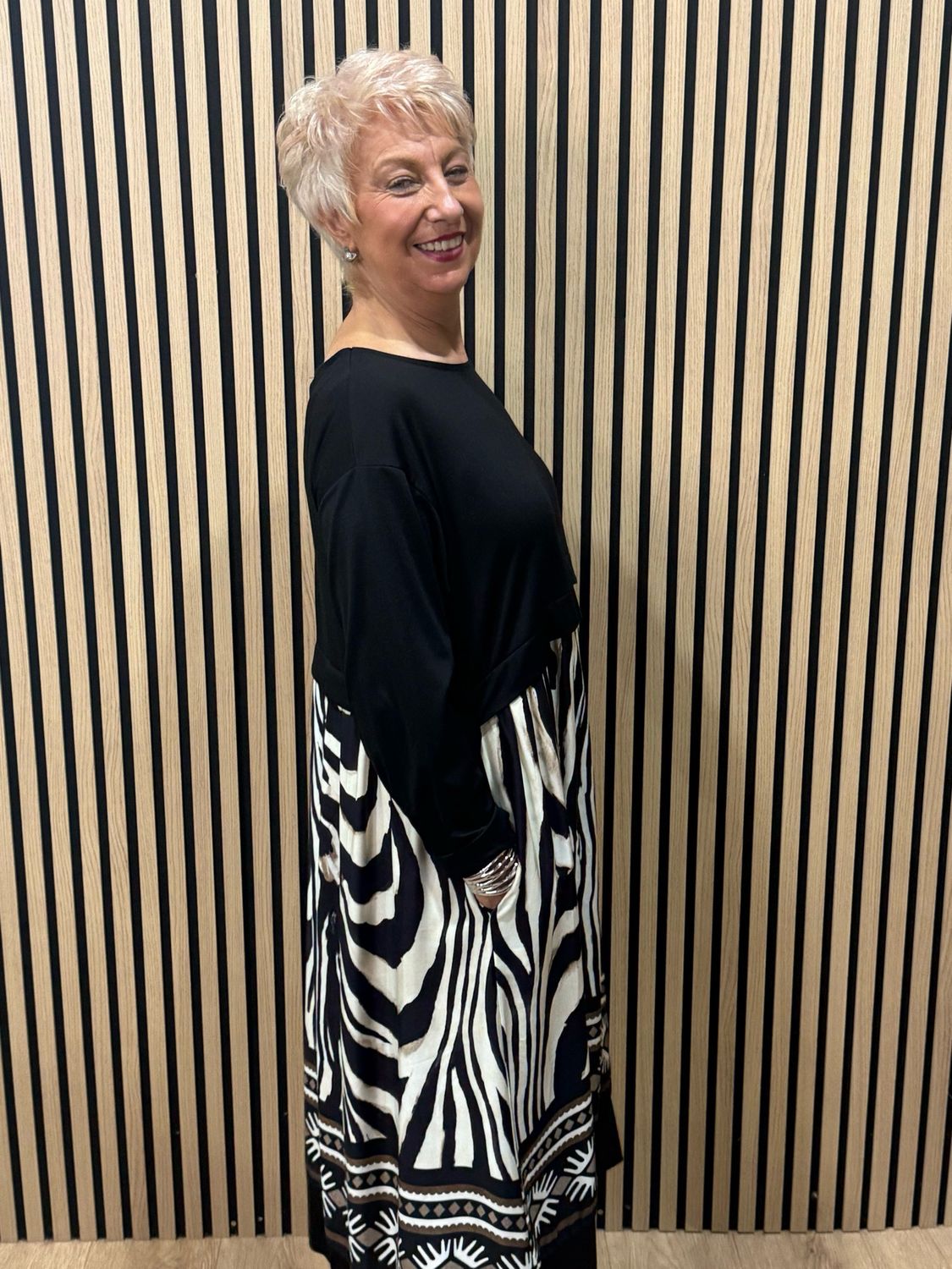 Abstract Print Layered Midi Dress - Black &amp; Cream