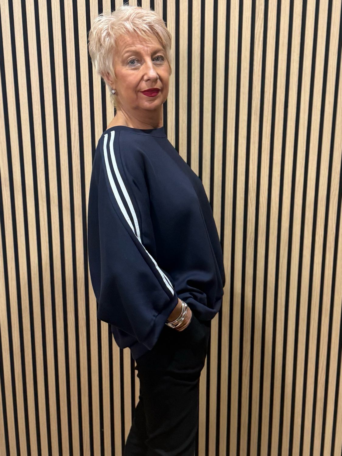 Contrast Stripe Sleeve Jersey Top - Navy