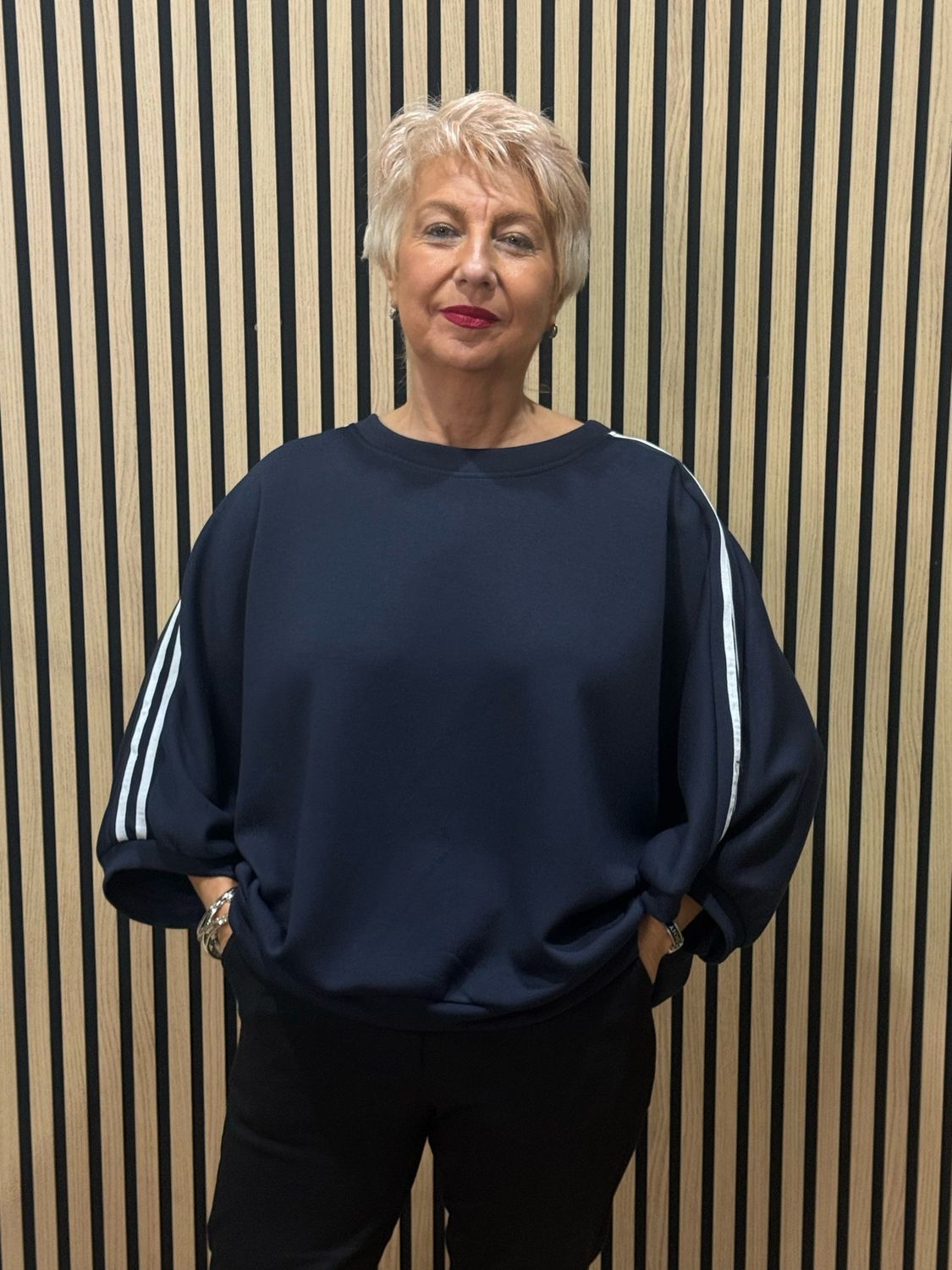 Contrast Stripe Sleeve Jersey Top - Navy