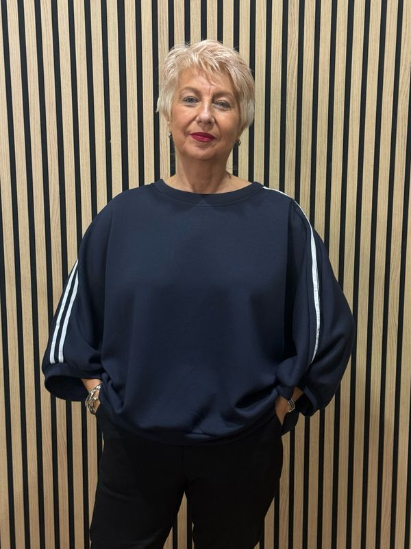 Contrast Stripe Sleeve Jersey Top - Navy