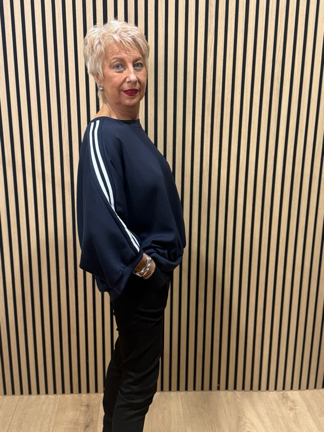 Contrast Stripe Sleeve Jersey Top - Navy