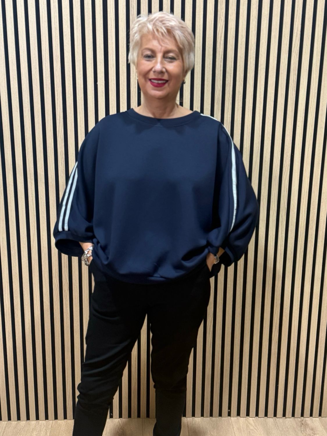 Contrast Stripe Sleeve Jersey Top - Navy