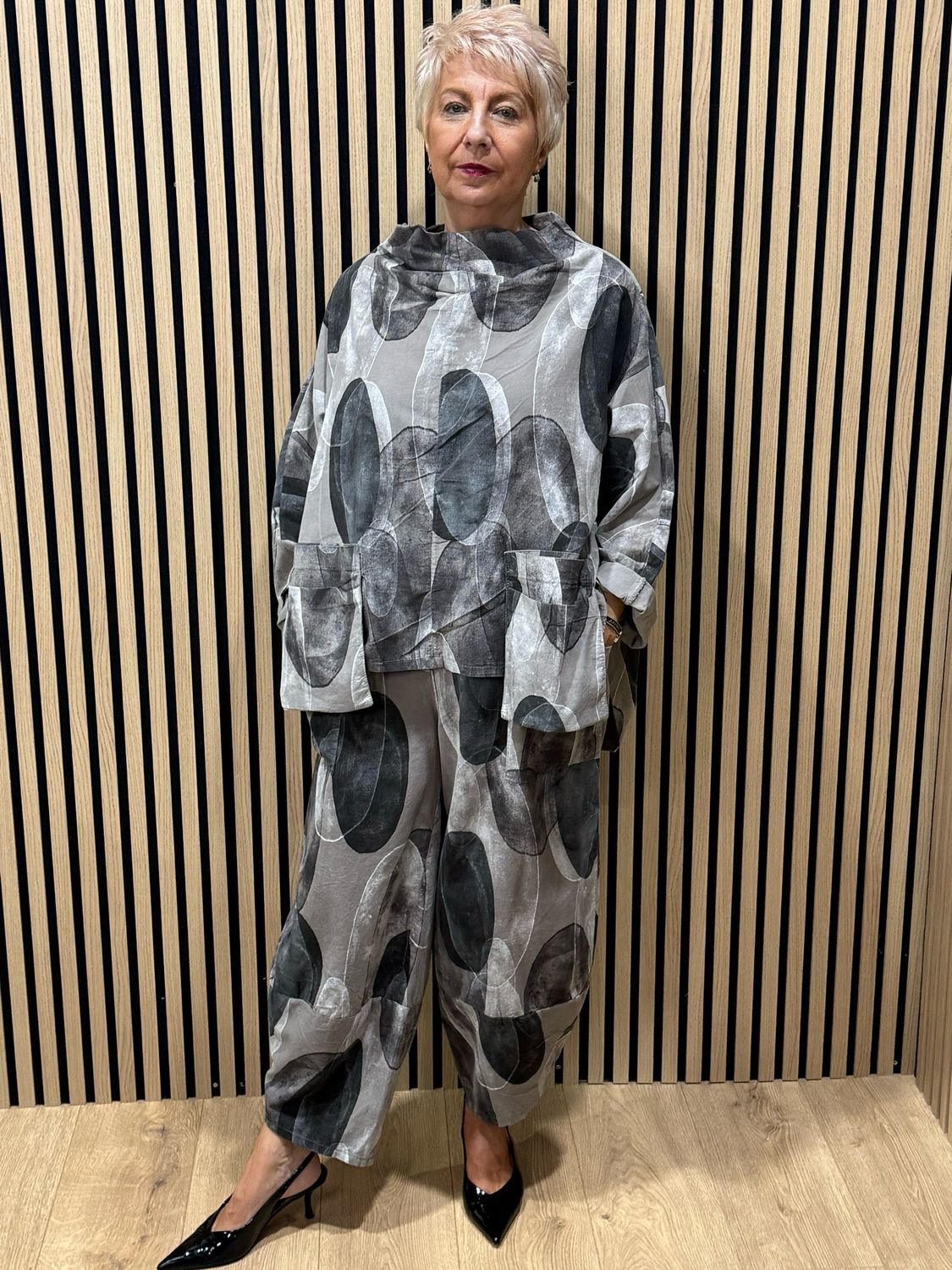 Abstract Print Cowl Neck Top &amp; Tulip Bottom Co-Ord- Stone