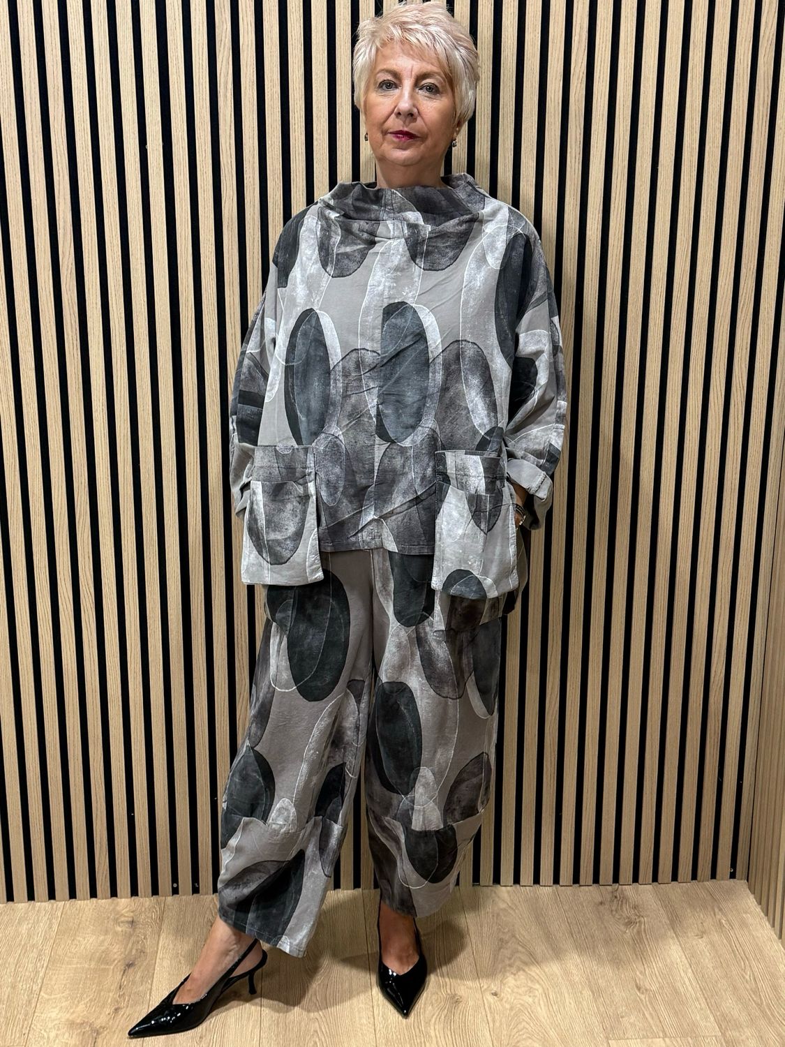 Abstract Print Cowl Neck Top &amp; Tulip Bottom Co-Ord- Stone