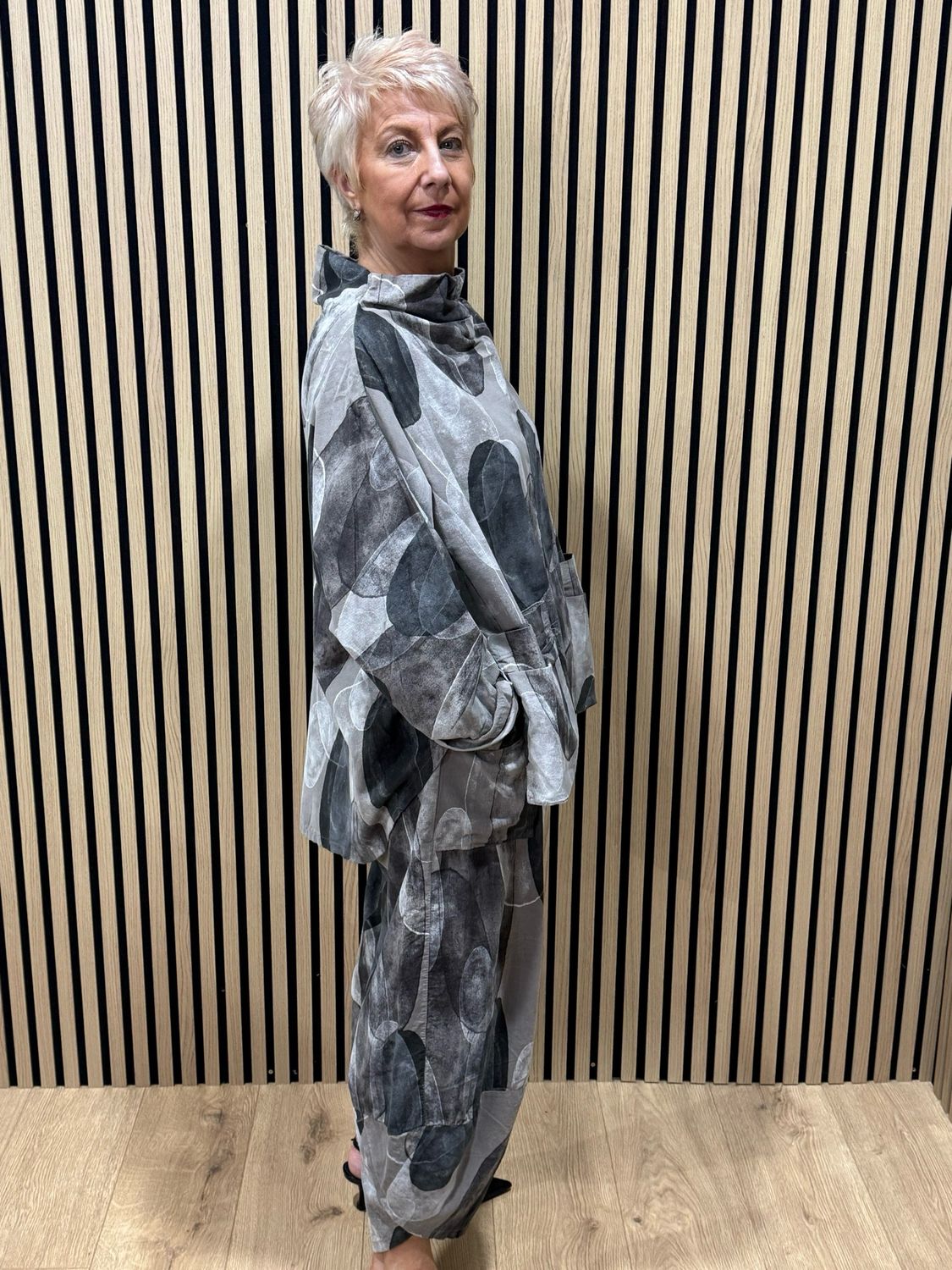 Abstract Print Cowl Neck Top &amp; Tulip Bottom Co-Ord- Stone