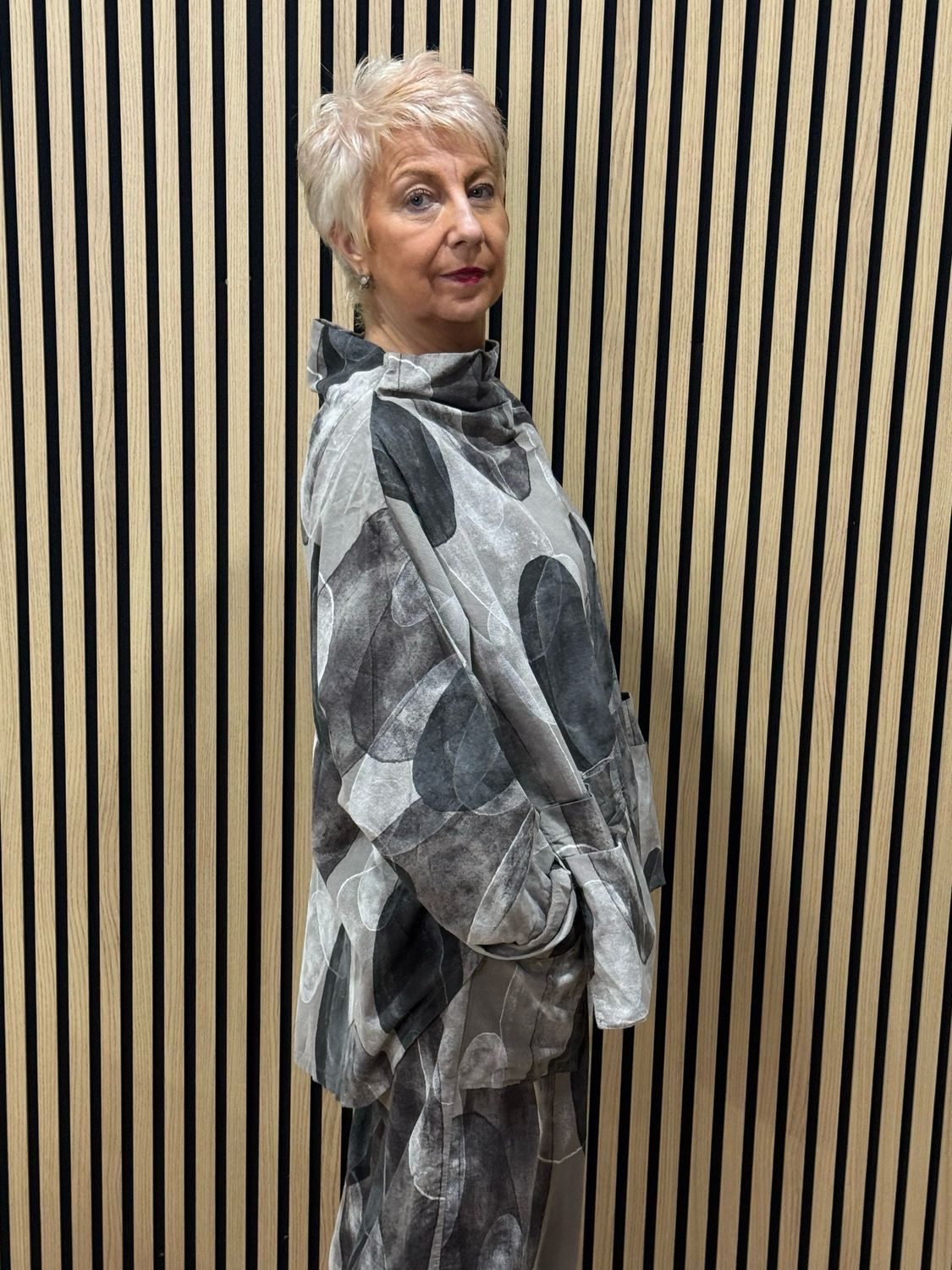 Abstract Print Cowl Neck Top &amp; Tulip Bottom Co-Ord- Stone