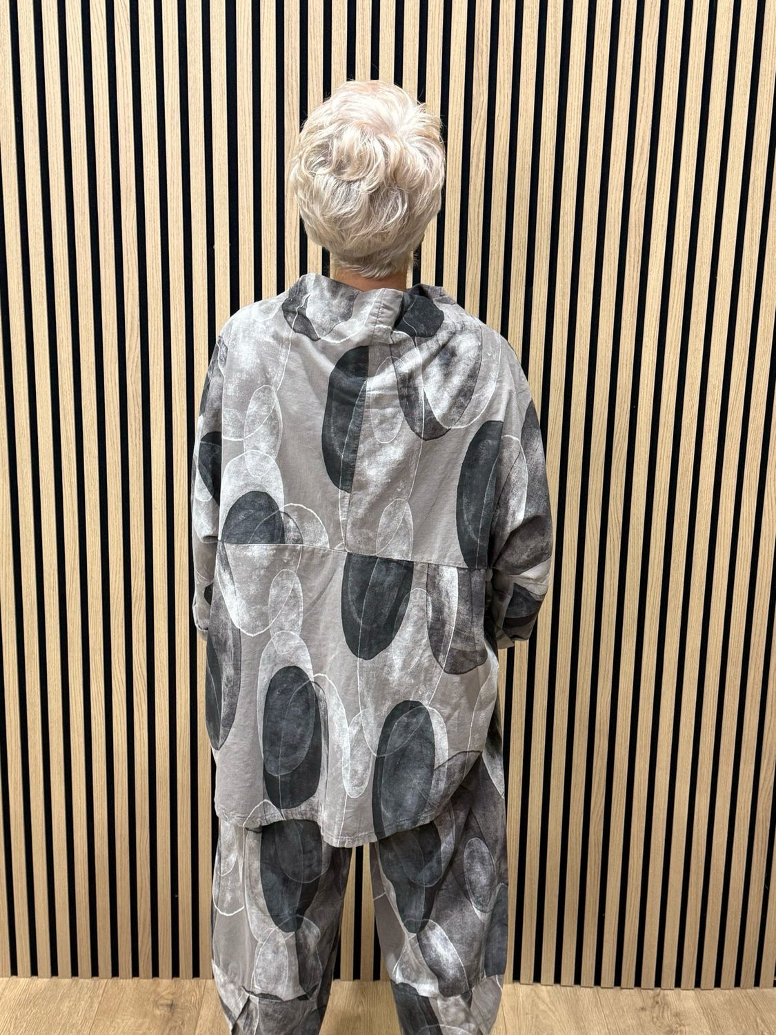 Abstract Print Cowl Neck Top &amp; Tulip Bottom Co-Ord- Stone