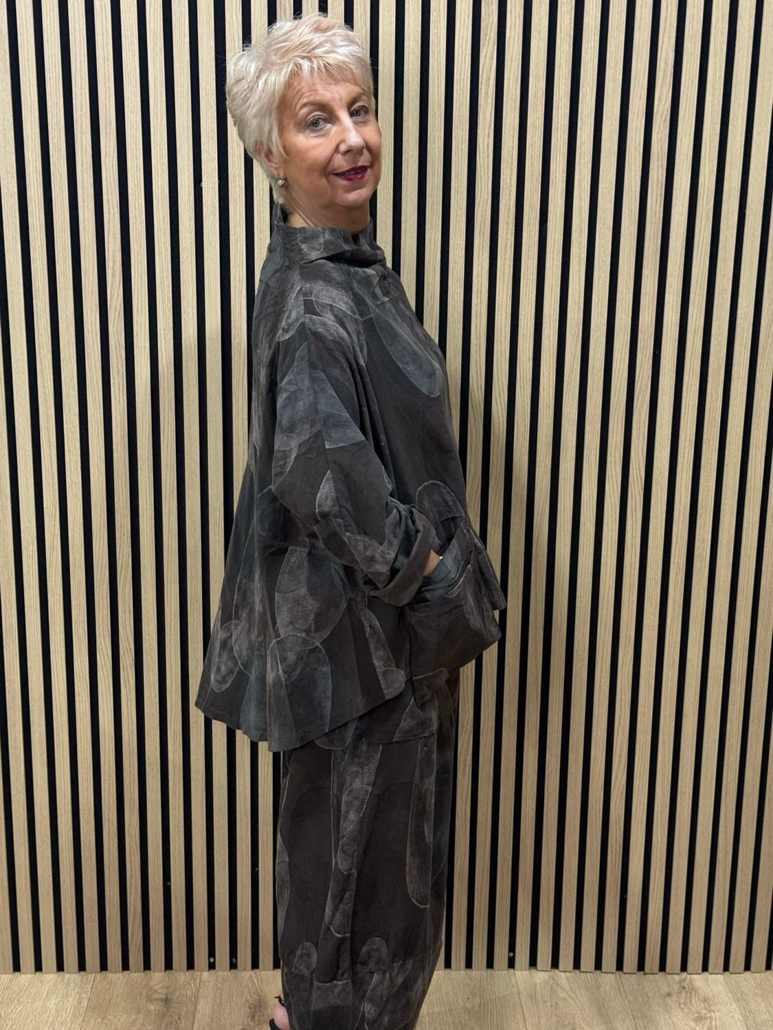 Abstract Print Cowl Neck Top &amp; Tulip Bottom Co-Ord - Chocolate