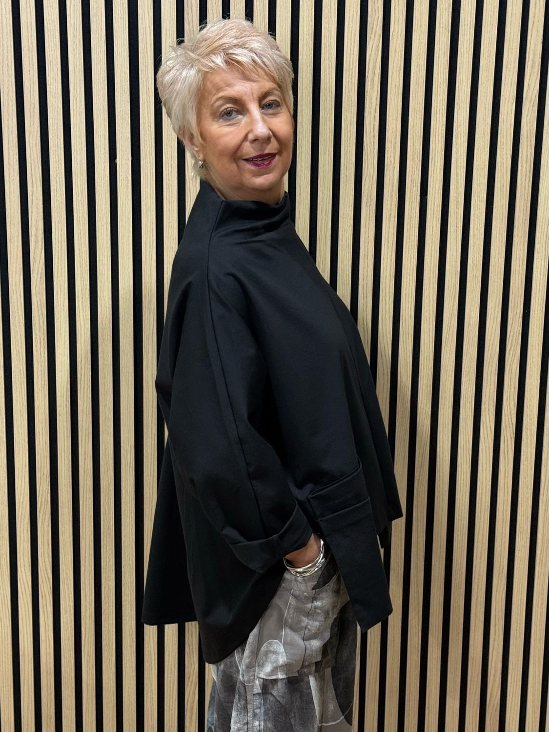 Oversized Cowl Neck Pocket Top - Black