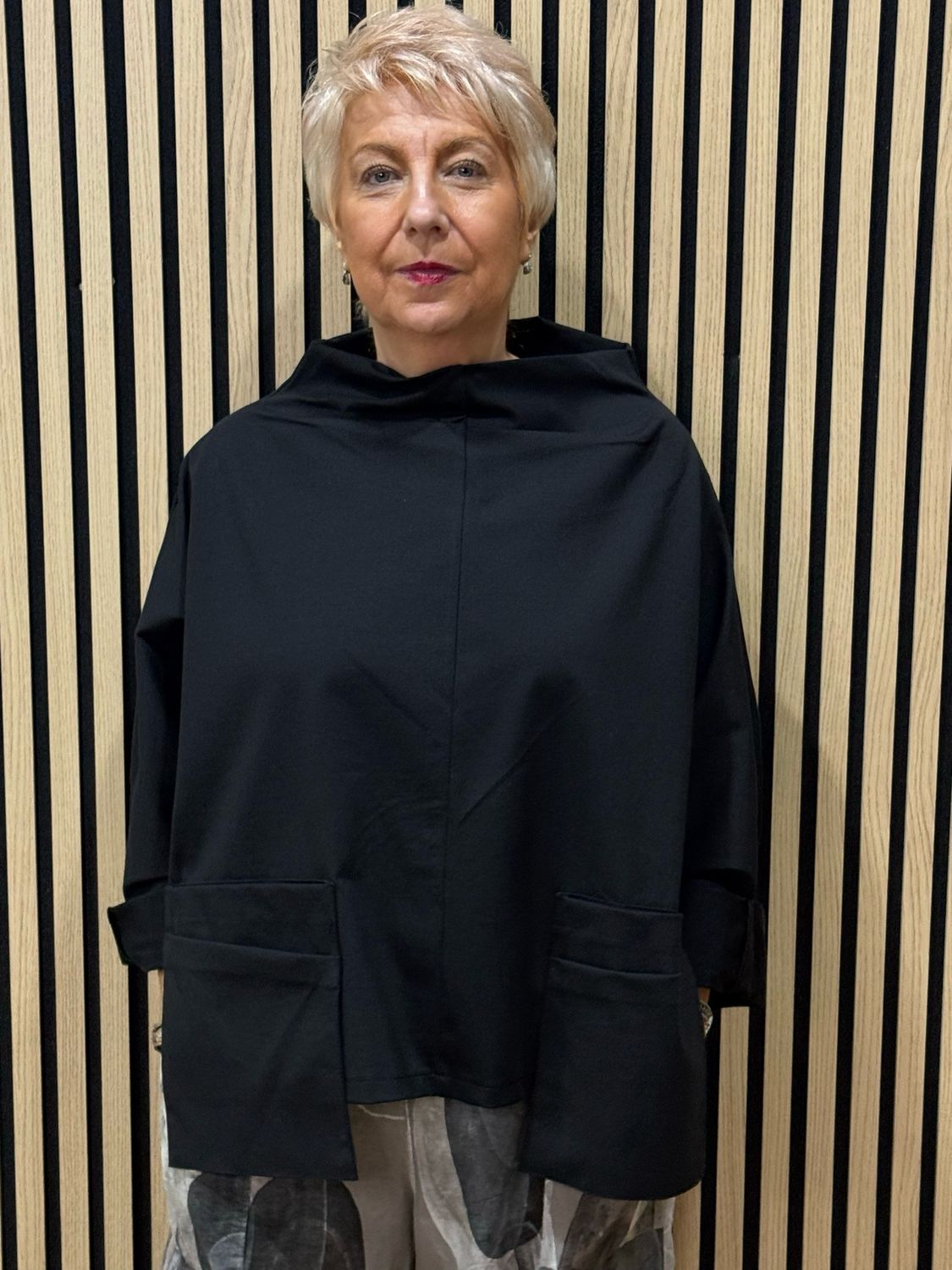 Oversized Cowl Neck Pocket Top - Black