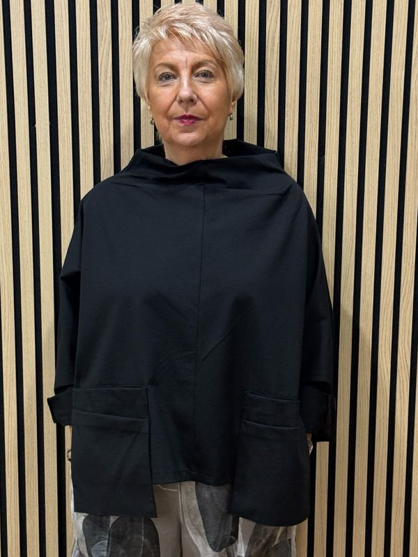 Oversized Cowl Neck Pocket Top - Black