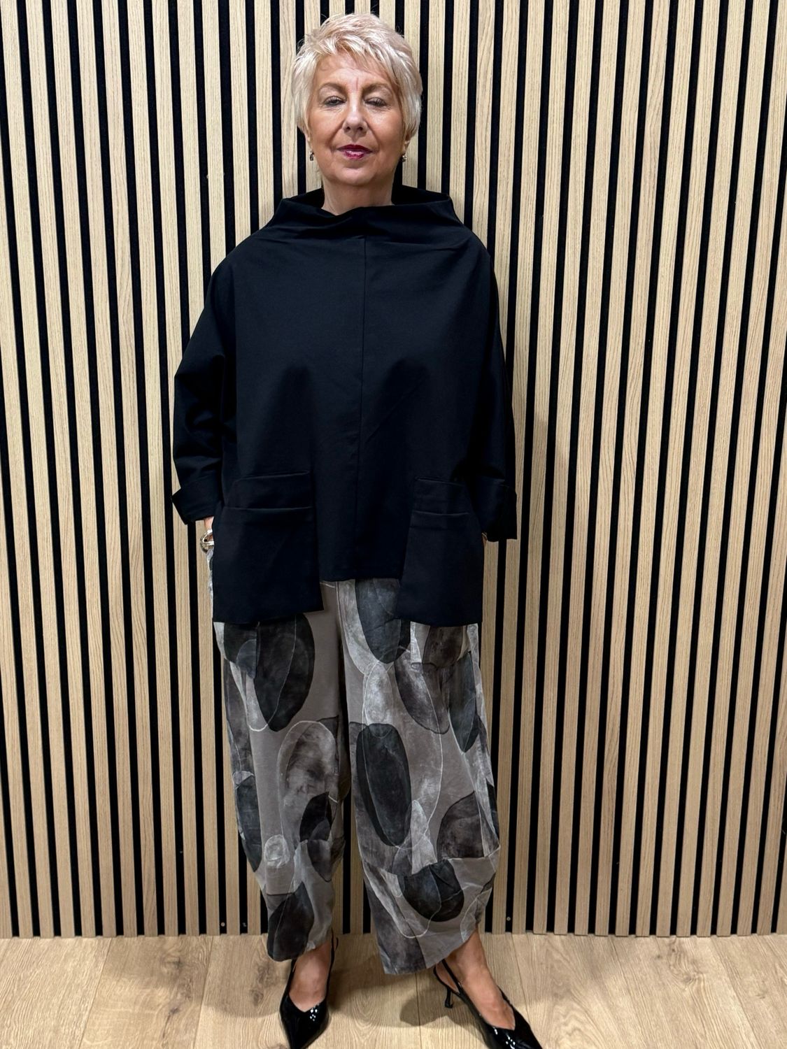 Oversized Cowl Neck Pocket Top - Black