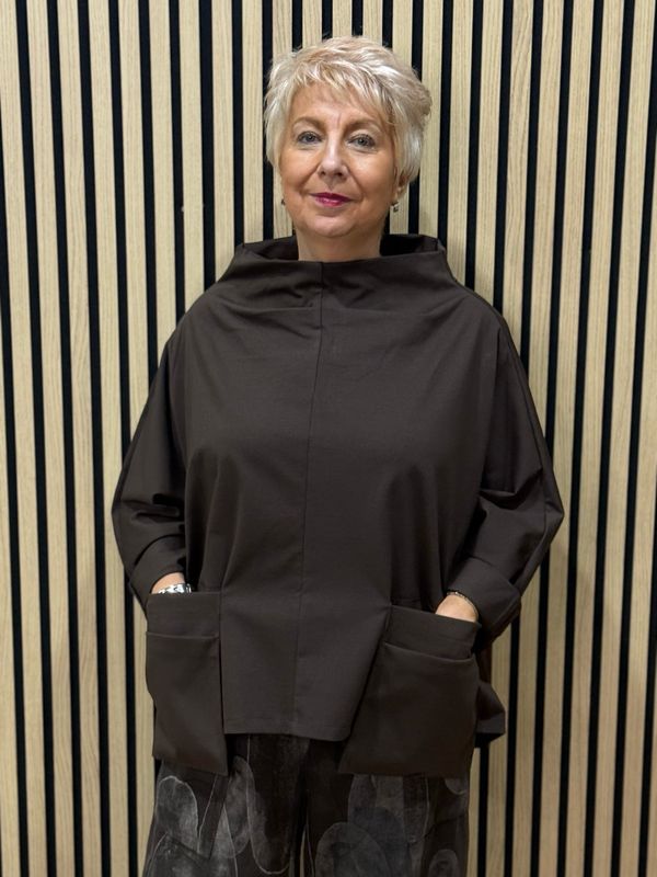 Oversized Cowl Neck Pocket Top - Chocolate
