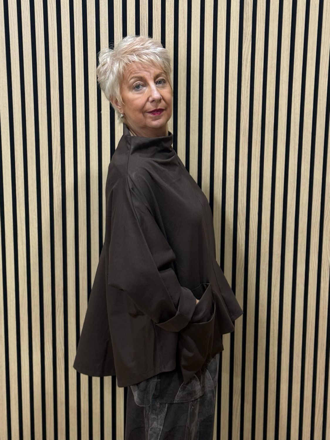 Oversized Cowl Neck Pocket Top - Chocolate