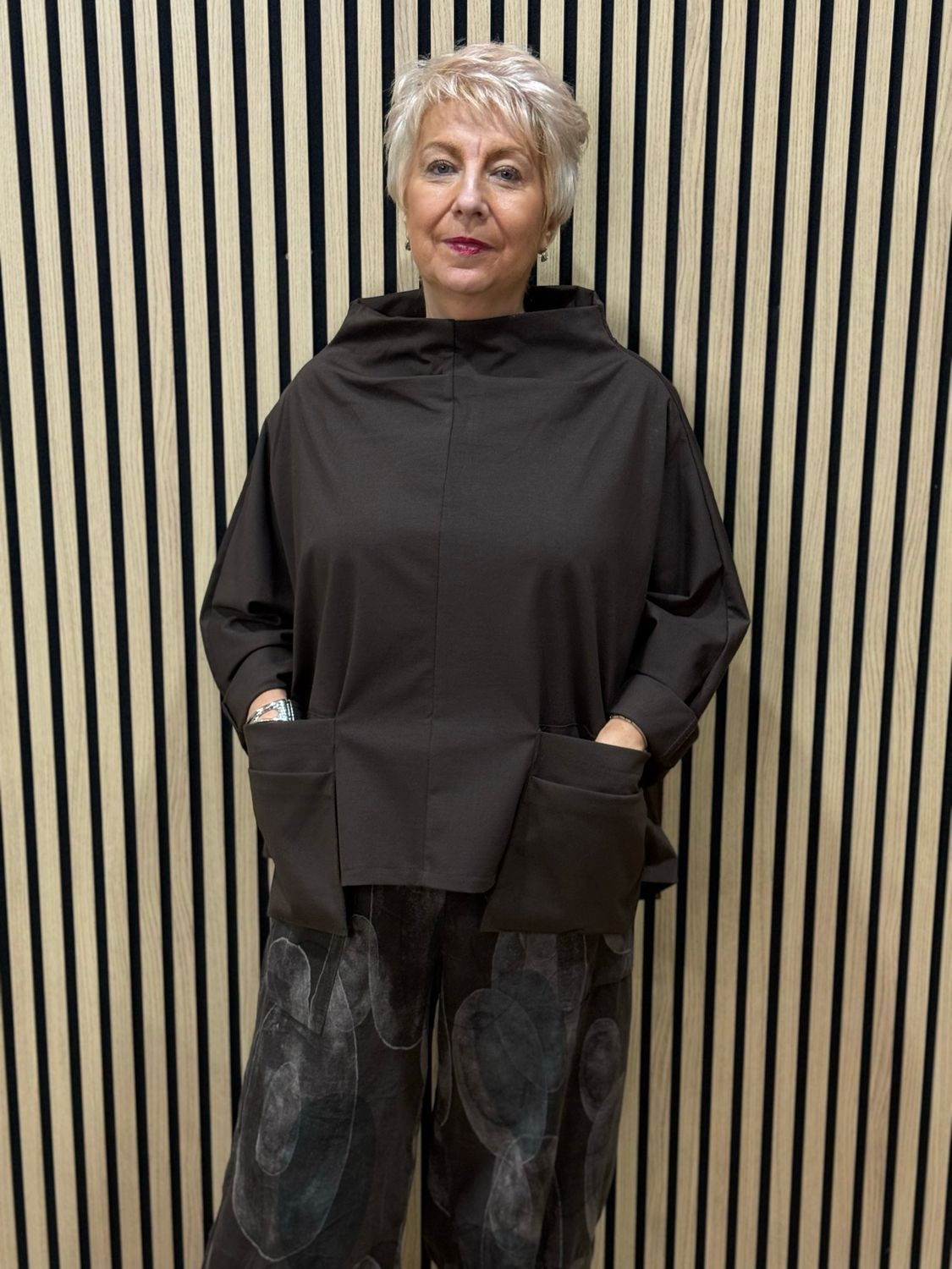 Oversized Cowl Neck Pocket Top - Chocolate