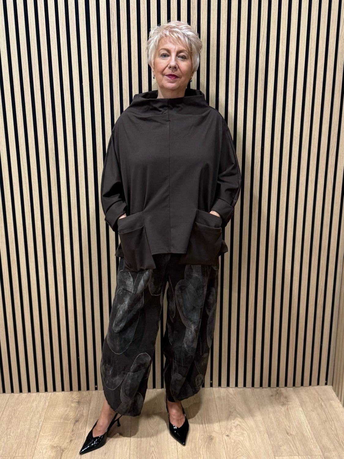 Oversized Cowl Neck Pocket Top - Chocolate