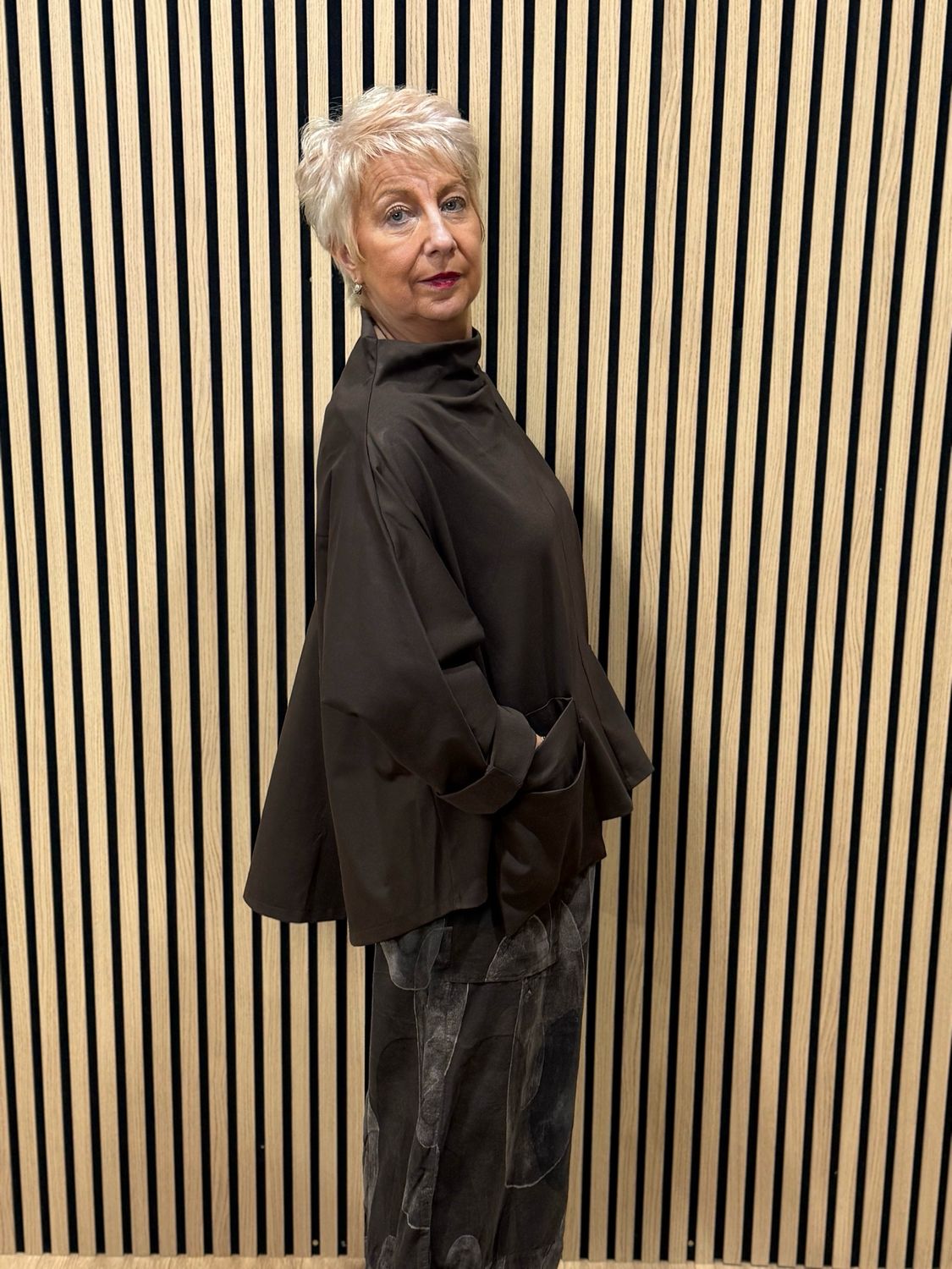 Oversized Cowl Neck Pocket Top - Chocolate