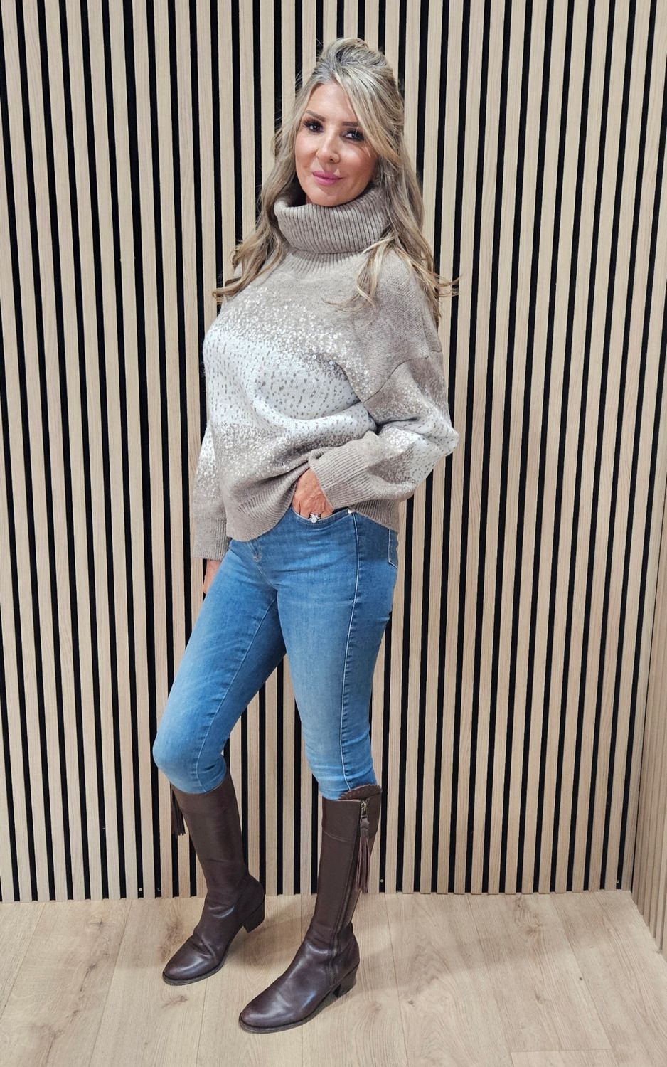 Sequin Detail Roll-Neck Jumper – Taupe