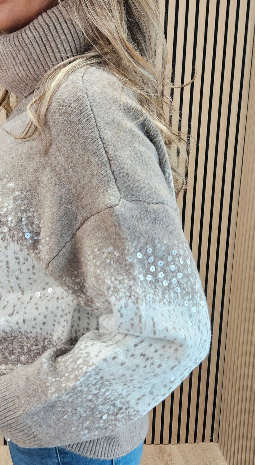 Sequin Detail Roll-Neck Jumper – Taupe
