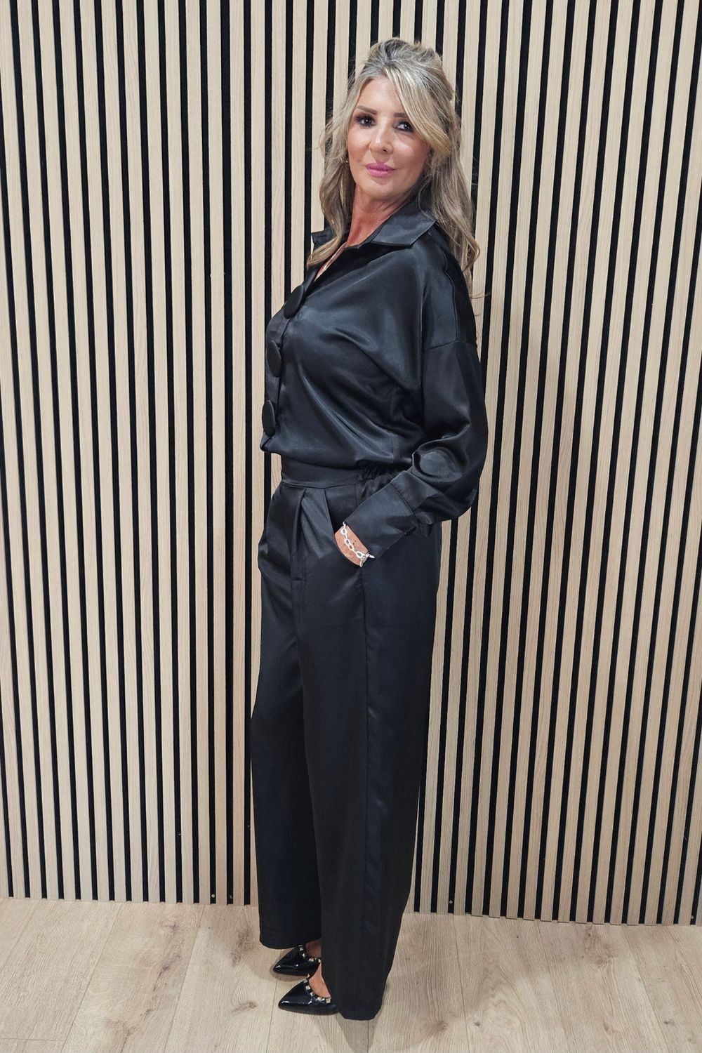 Satin Two-Piece Suit with Removable Button Detail