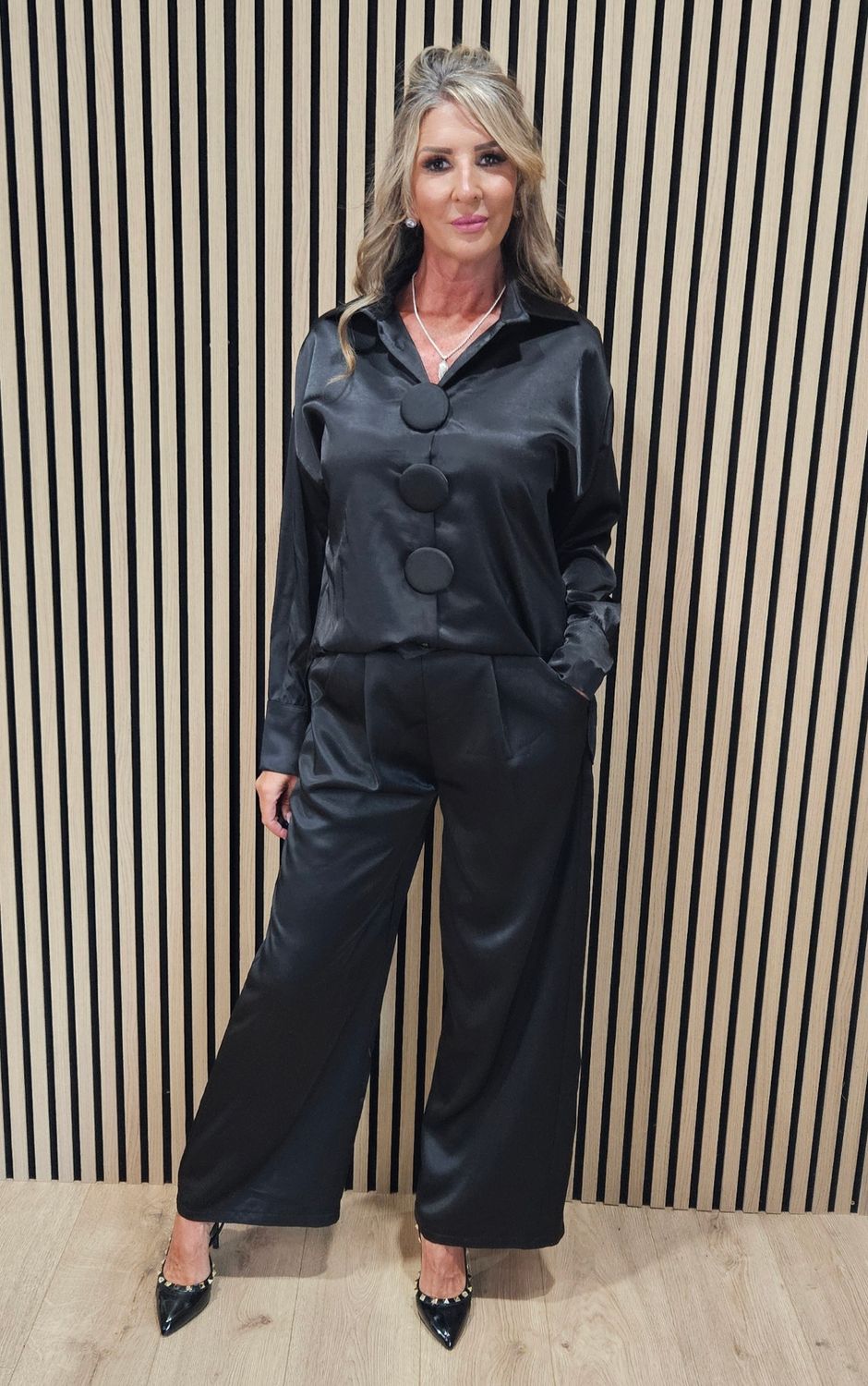 Satin Two-Piece Suit with Removable Button Detail