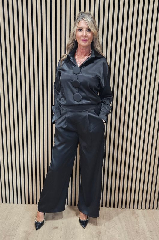 Satin Two-Piece Suit with Removable Button Detail