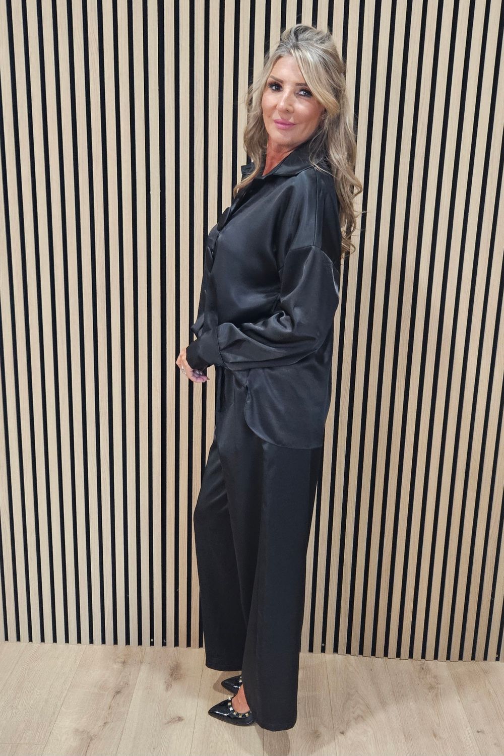 Satin Two-Piece Suit with Removable Button Detail