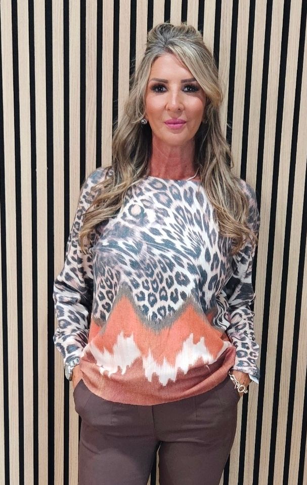 Animal Print Contrast Hem Jumper