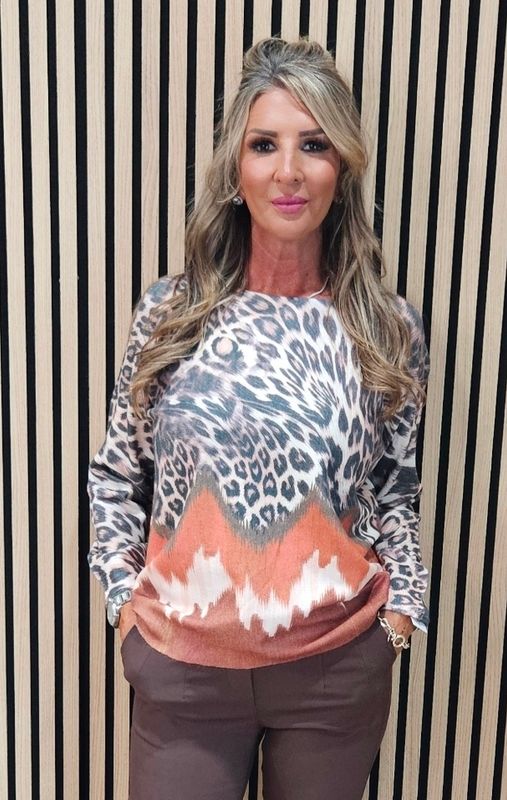 Animal Print Contrast Hem Jumper