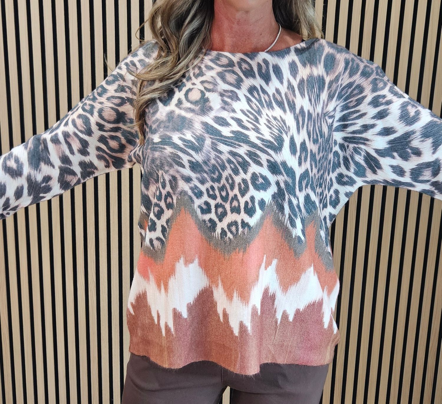Animal Print Contrast Hem Jumper