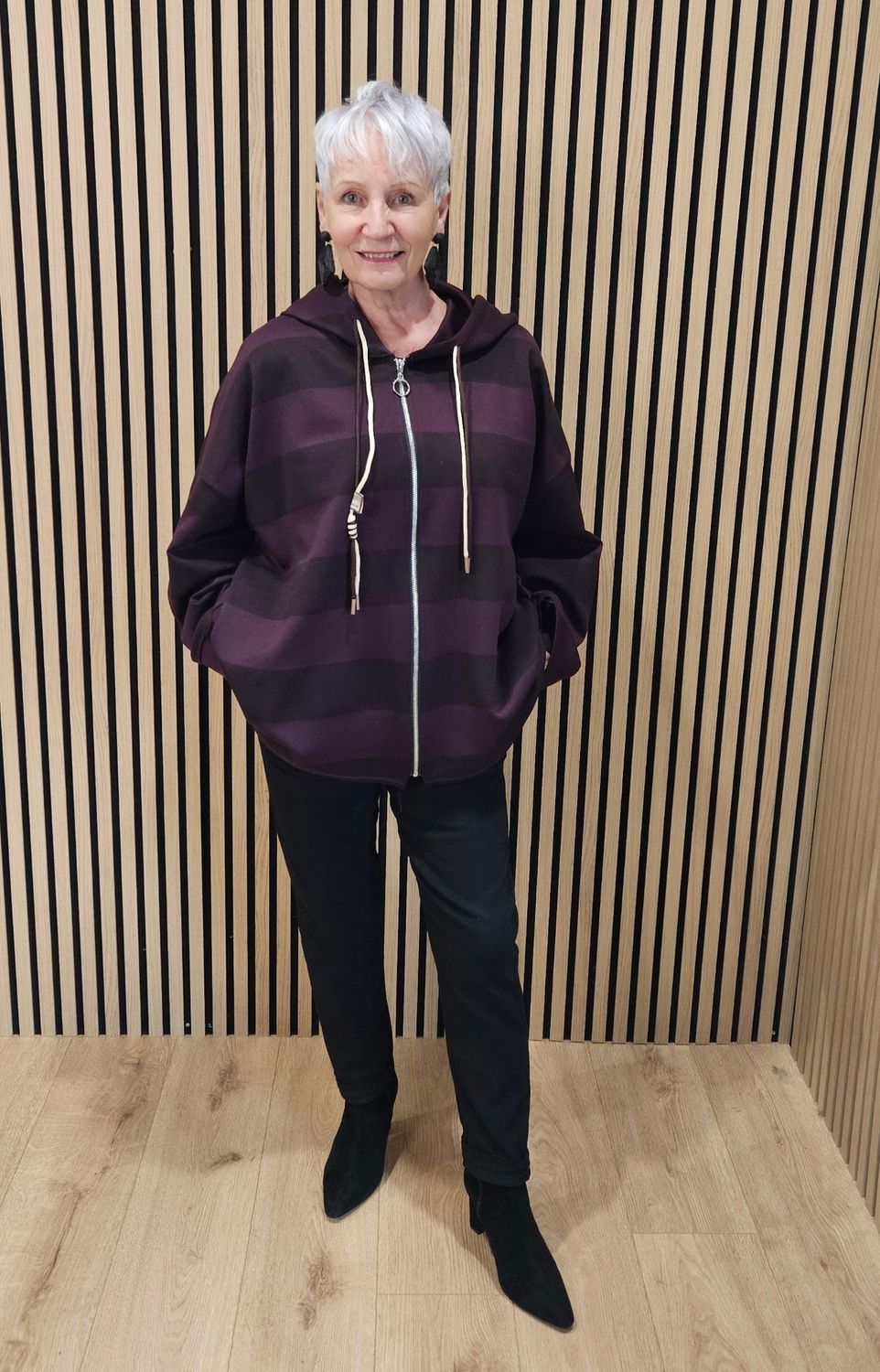 Wide Stripe Hooded Zip-Up Jacket - Plum/Burgundy