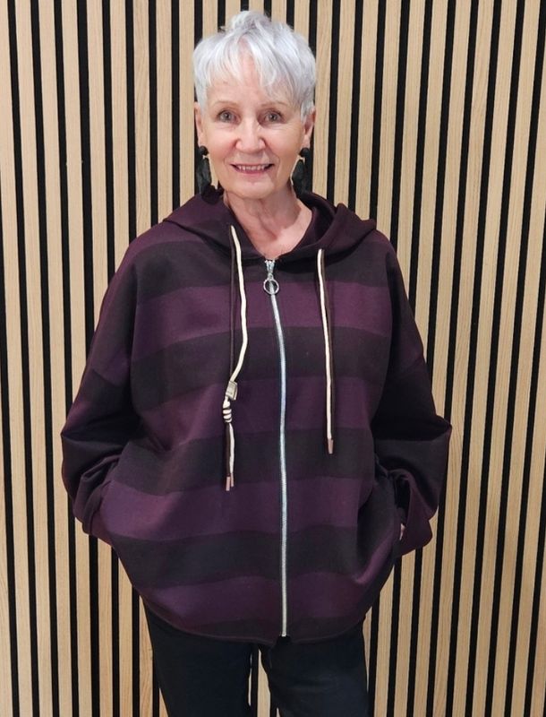 Wide Stripe Hooded Zip-Up Jacket - Plum/Burgundy