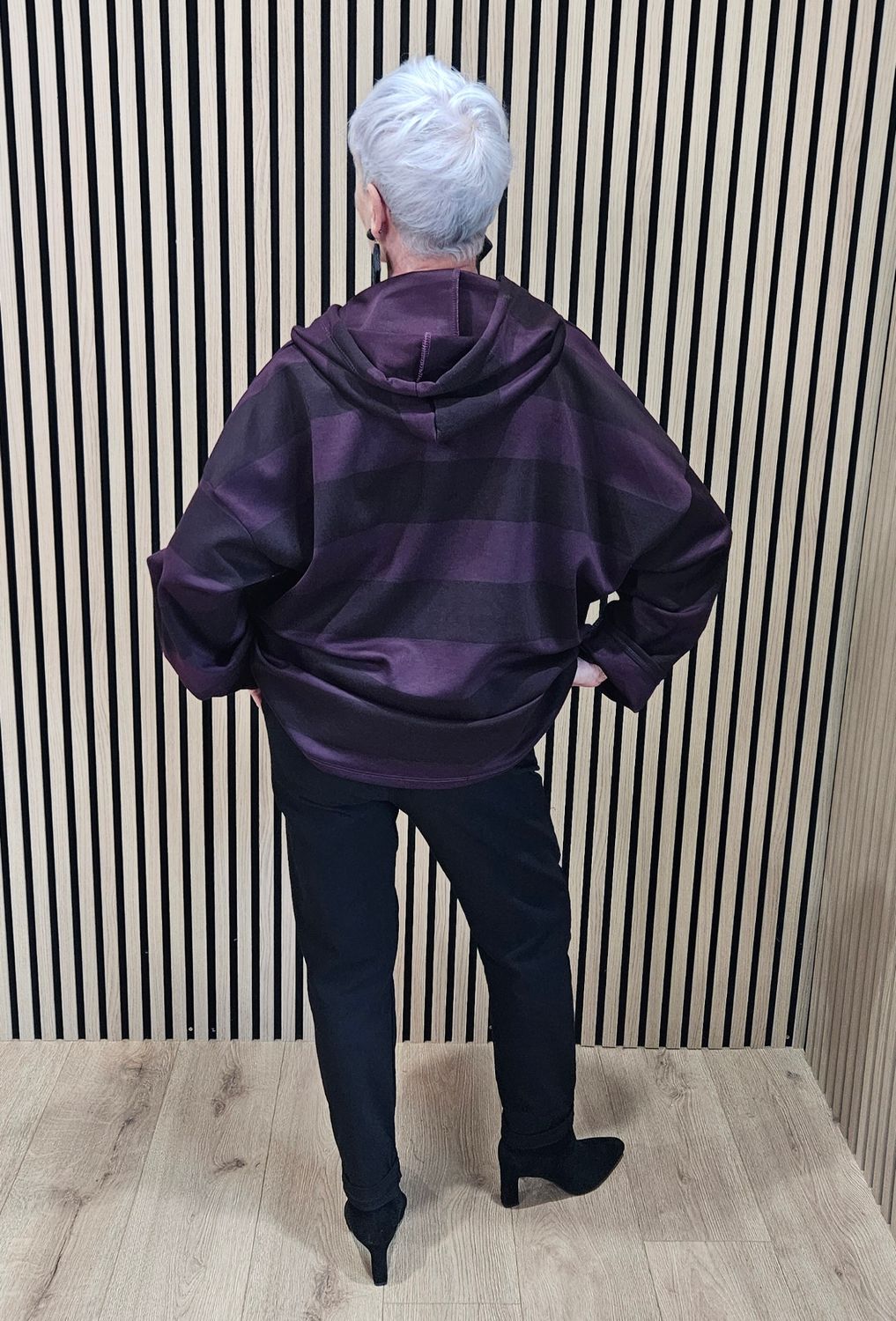 Wide Stripe Hooded Zip-Up Jacket - Plum/Burgundy