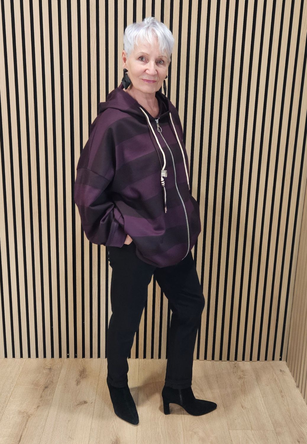 Wide Stripe Hooded Zip-Up Jacket - Plum/Burgundy