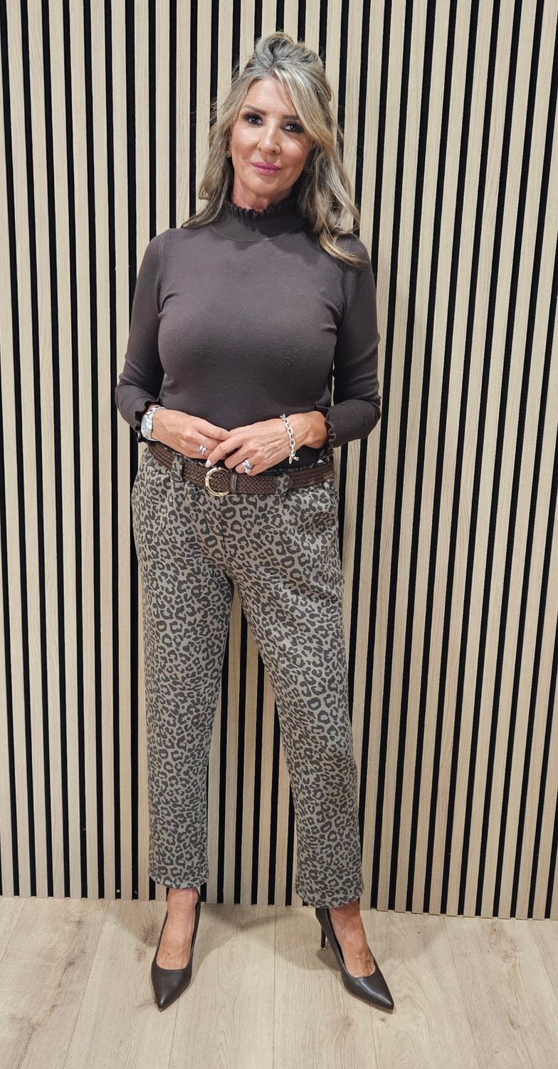 Animal Print Belted Trousers – Taupe