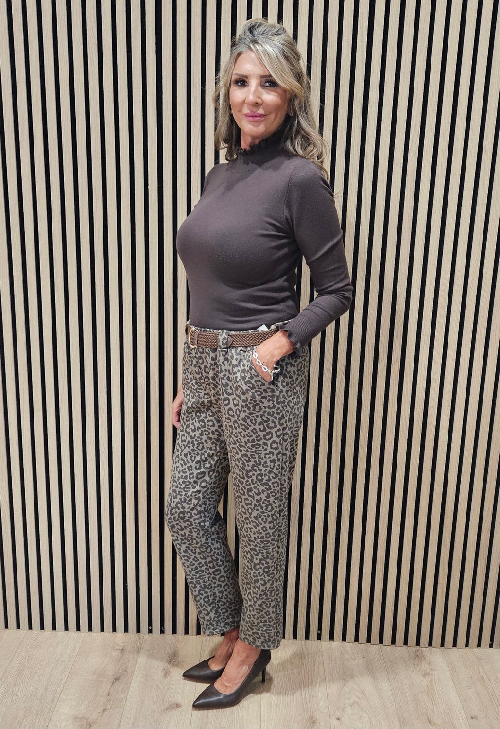 Animal Print Belted Trousers – Taupe