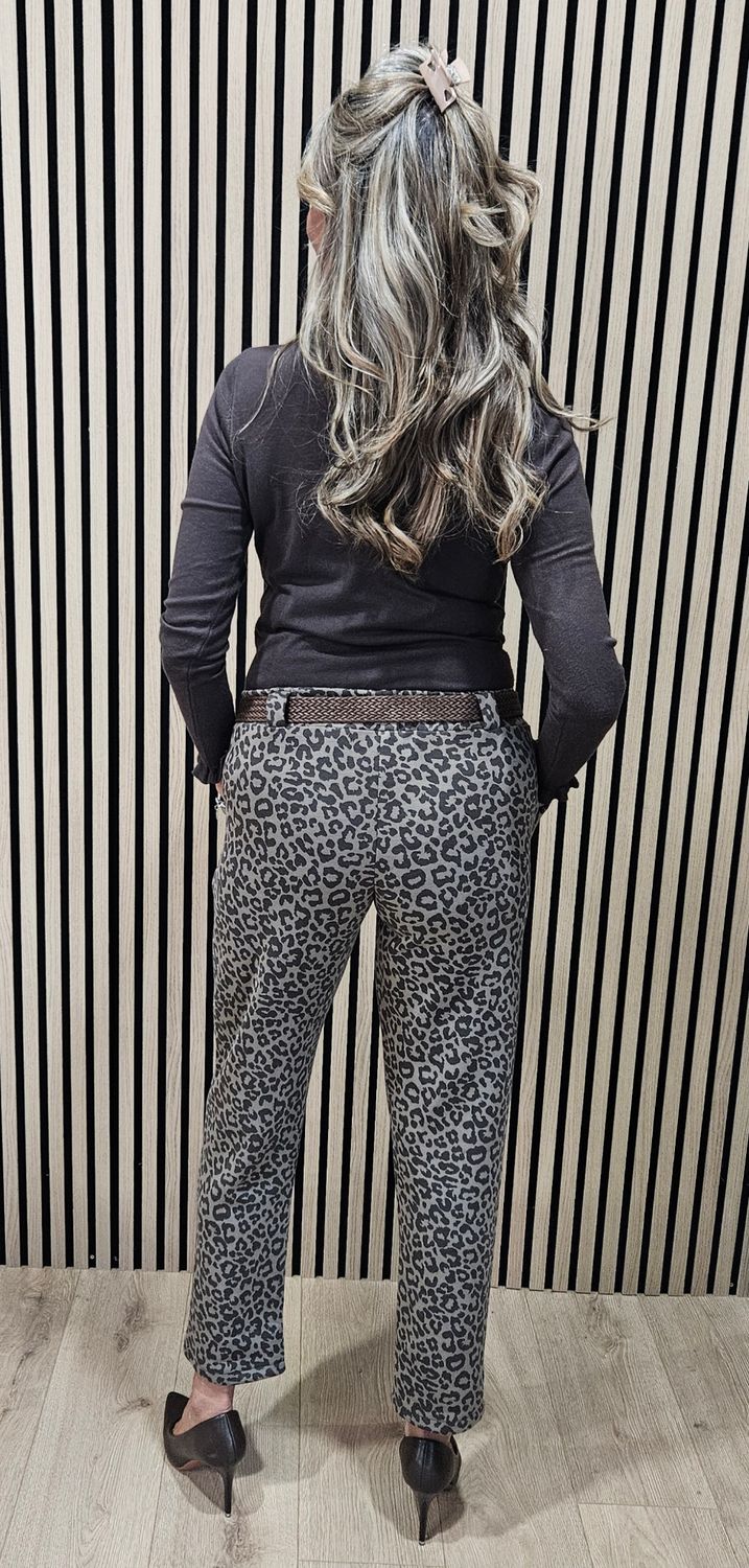 Animal Print Belted Trousers – Taupe