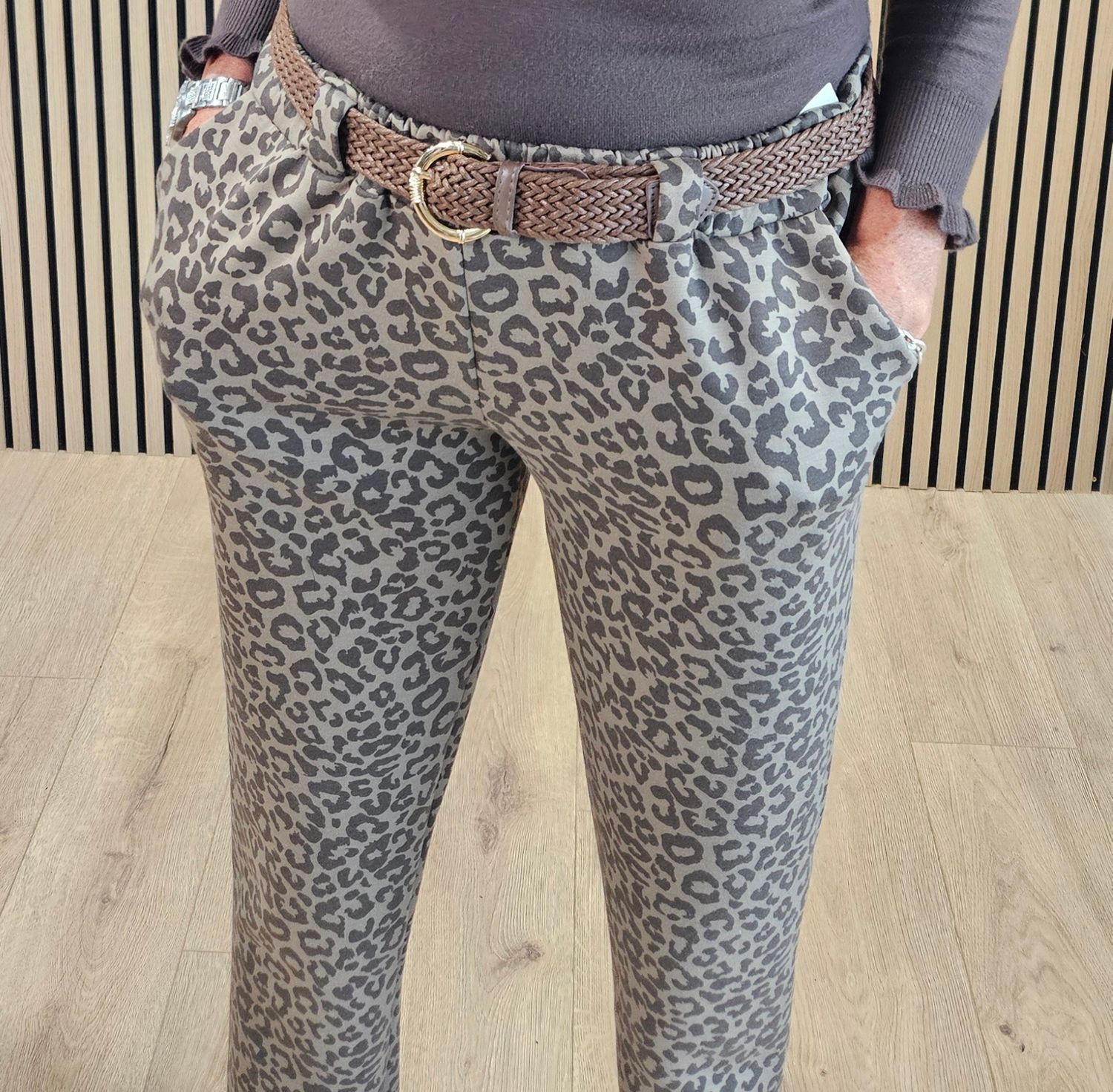 Animal Print Belted Trousers – Taupe