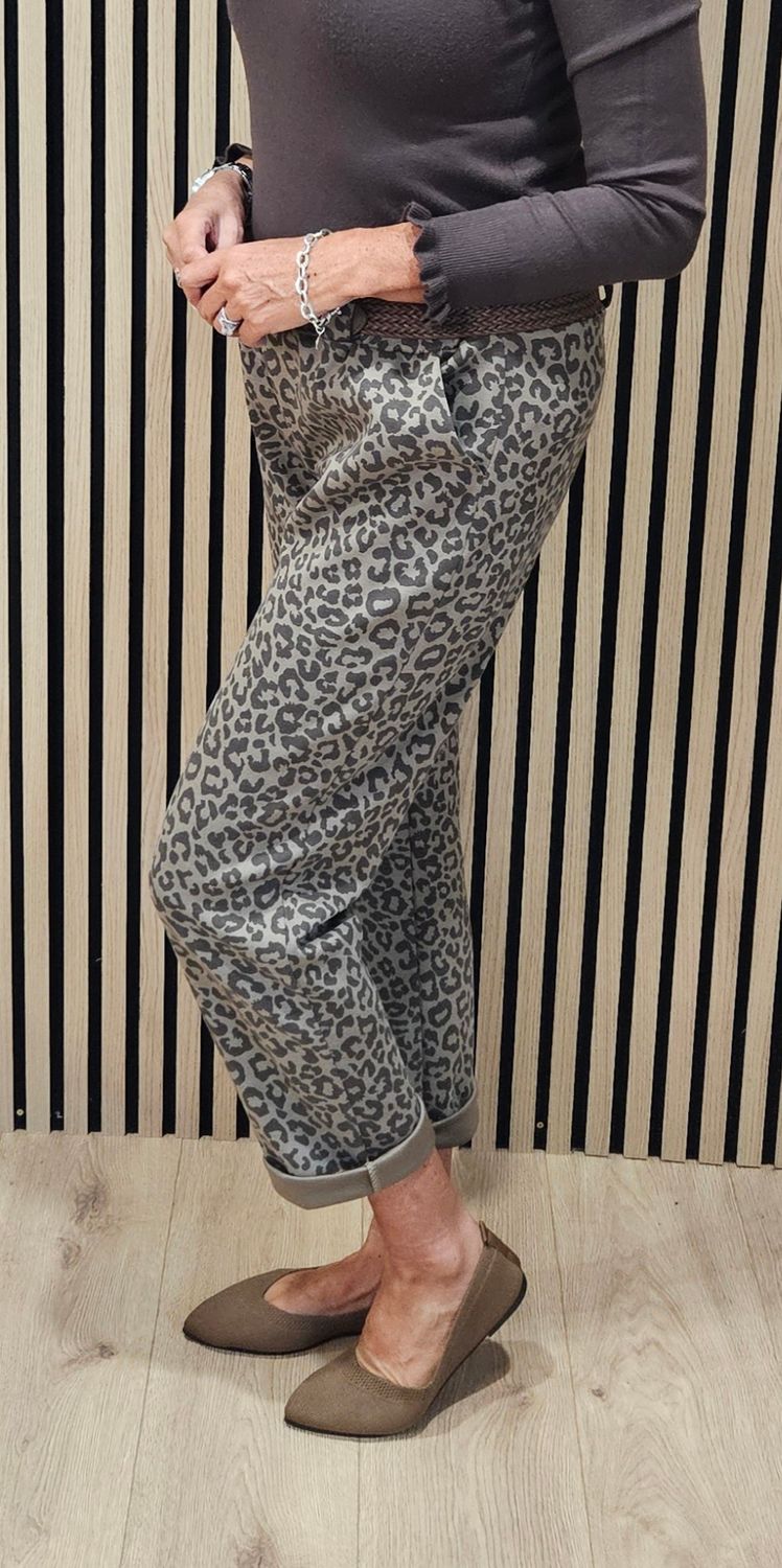 Animal Print Belted Trousers – Taupe
