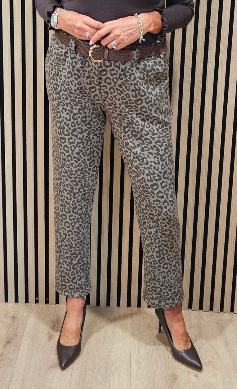 Animal Print Belted Trousers – Taupe