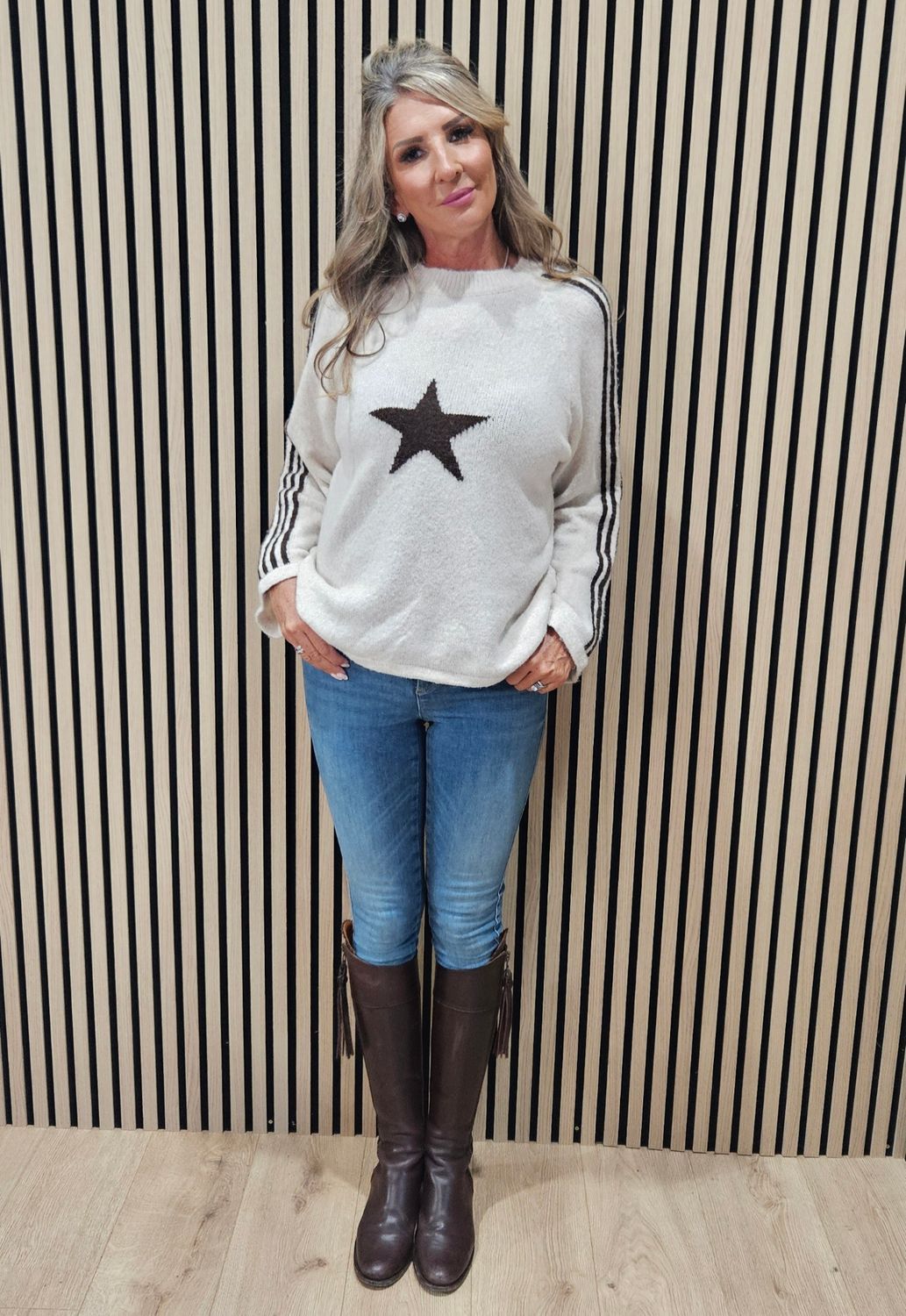 Star &amp; Stripe Knit Jumper – Cream &amp; brown