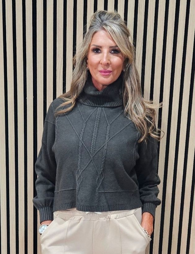 Textured Cable Detail Roll-Neck Jumper- Khaki