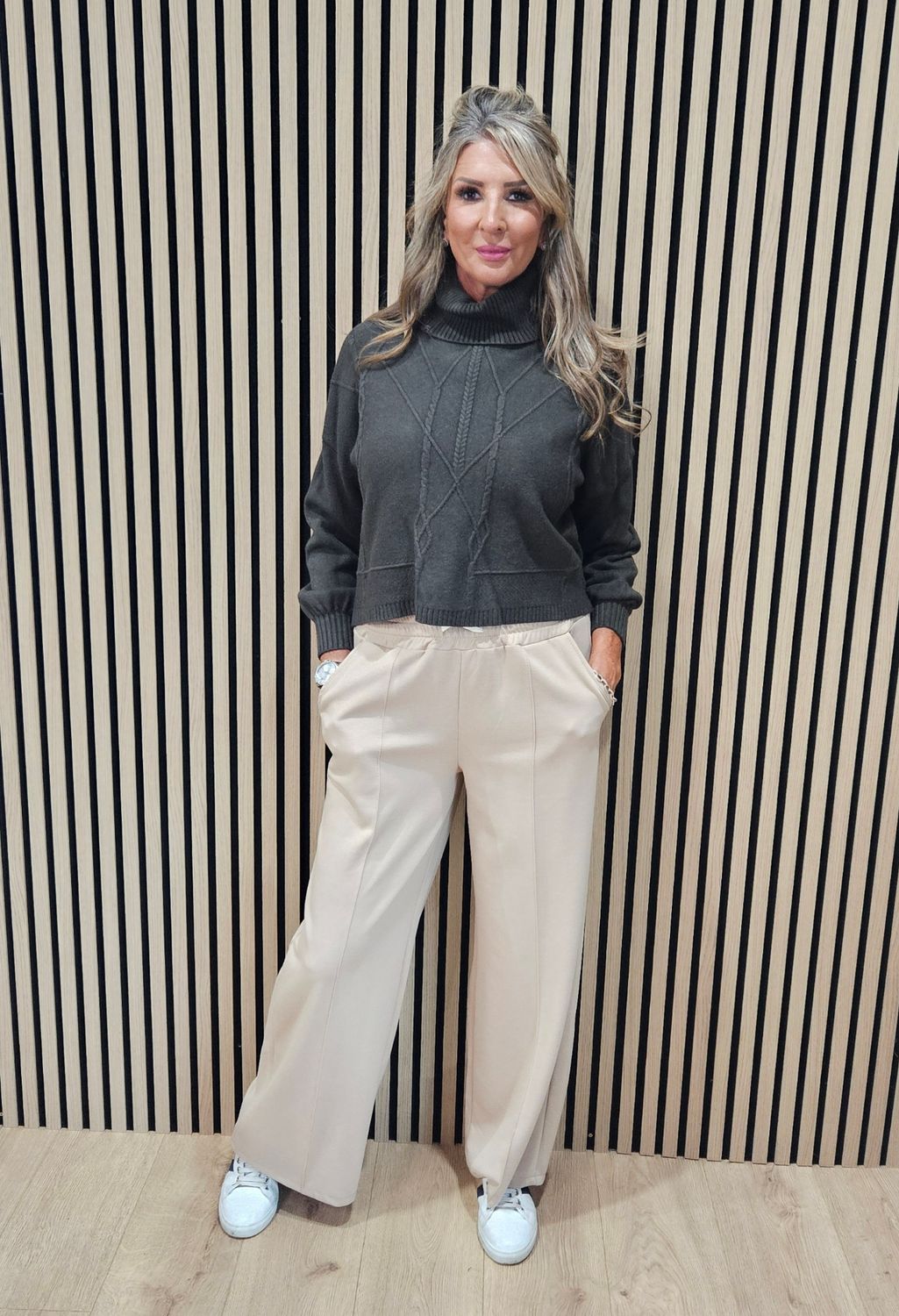 Textured Cable Detail Roll-Neck Jumper- Khaki